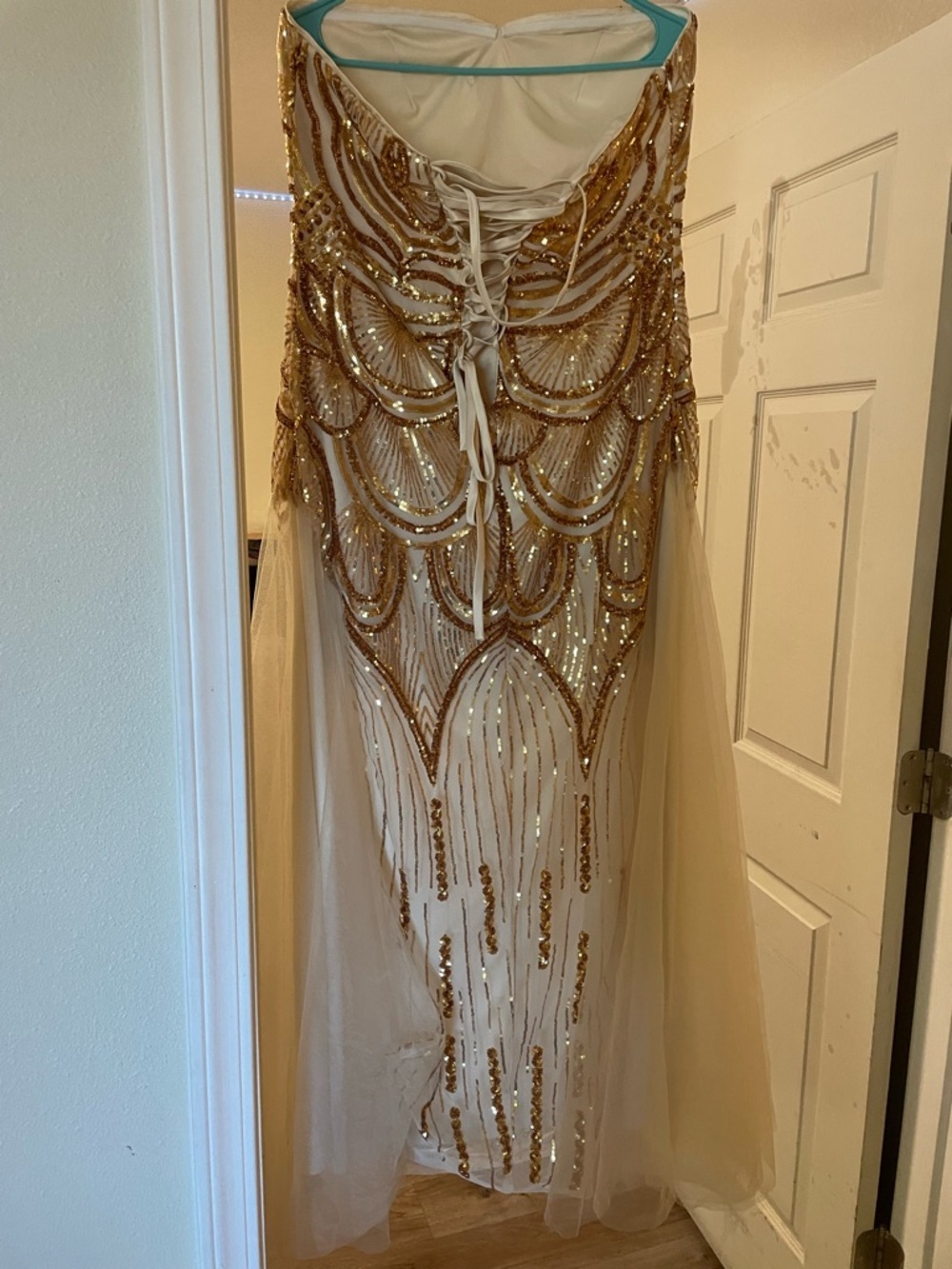 Angel's XL Cream and Gold Sequin Strapless Prom Gown - Picture 2 of 3